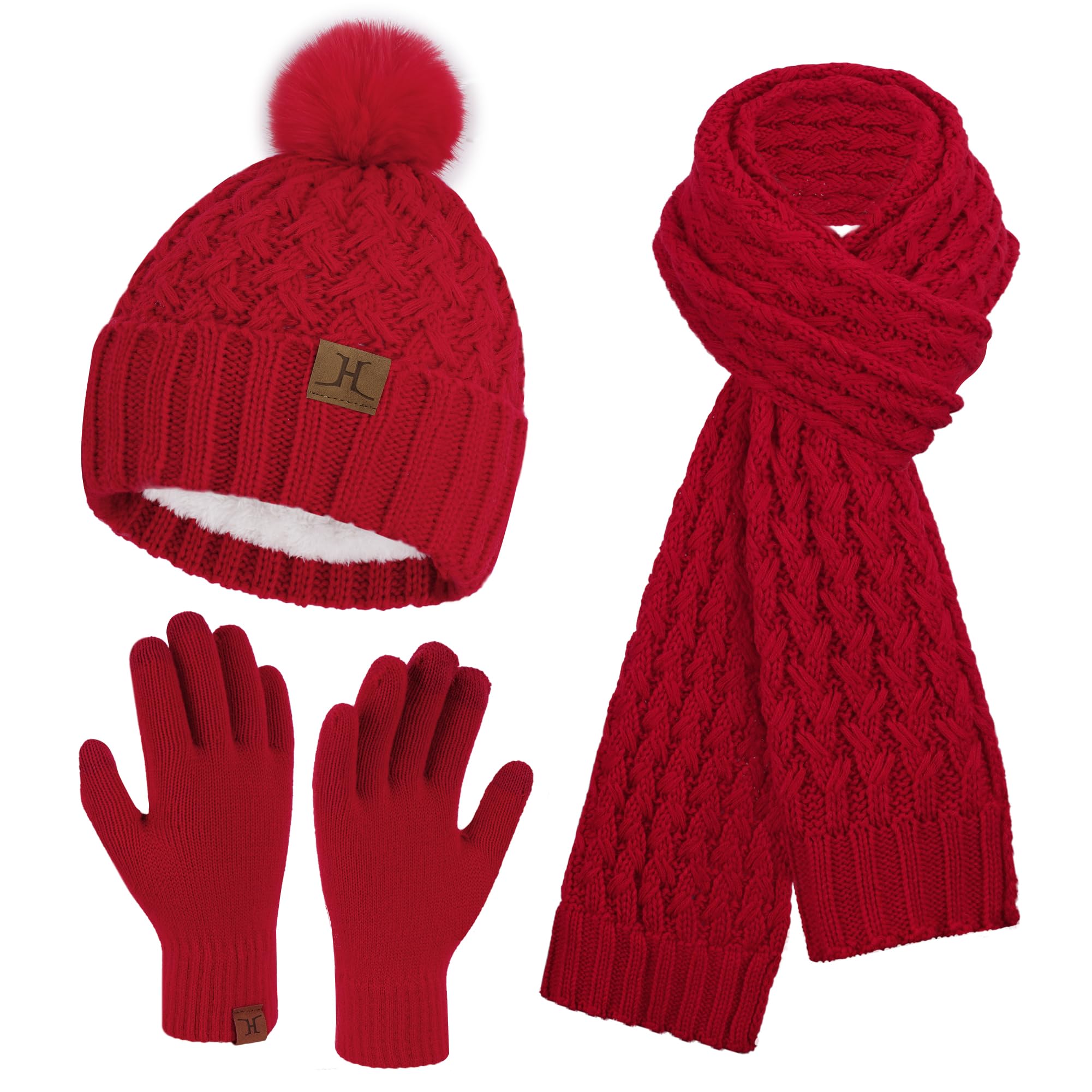Womens Winter Beanie Hat Touchscreen Gloves Long Neck Scarf Set Warm Knit Caps with Pom Fleece Gifts for Women